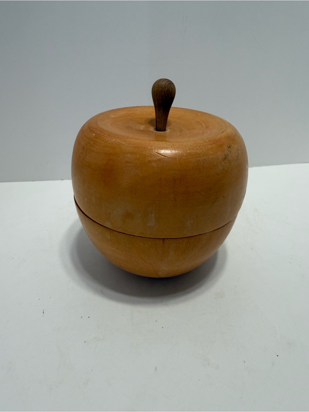 Vintage Turned Wood Apple Trinket Box in Light Brown Handmade In Italy.